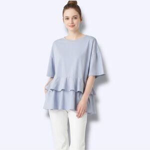 H&M 100% Cotton Knit Short Sleeve Pale Blue Ruffle Crew Neck Tee US Sz L